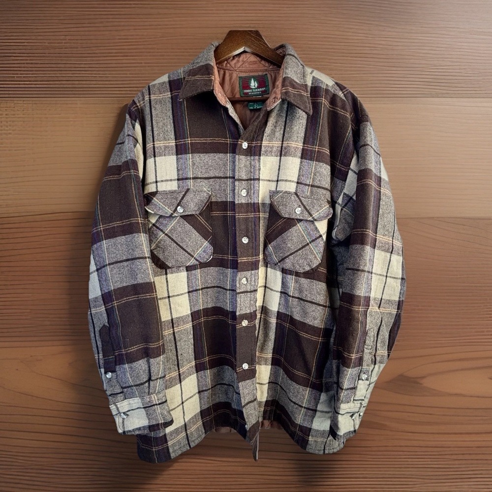 True Vintage Wool Blend Shirt L Insulated Flannel Lined‎ Brown Plaid Pockets